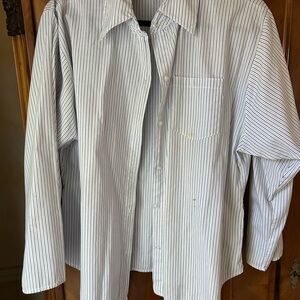 John Eshaya Long-Sleeve Stripe Blouse - White with Black Pinstripes, side zip